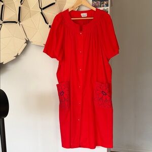 Vintage one size button up red night gown / robe floral embossing USA made